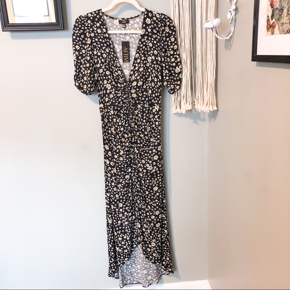NWT AFRM Black Daisy Ditsy Ruched Midi Dress XS - Picture 6 of 13